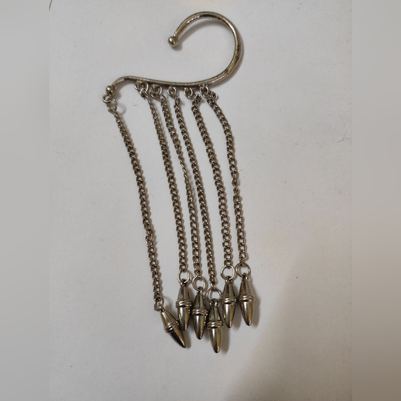 Silver ear cuffs with dangling chains and spikes. - Picture 3 of 3